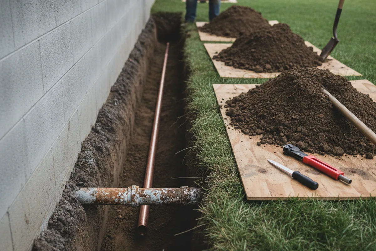 Excavated water line trench during Sewer Line Repair in Snellville
